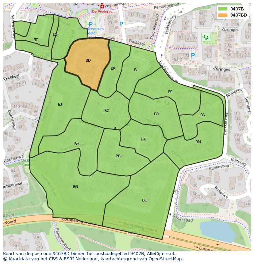 Afbeelding van het postcodegebied 9407 BD op de kaart.