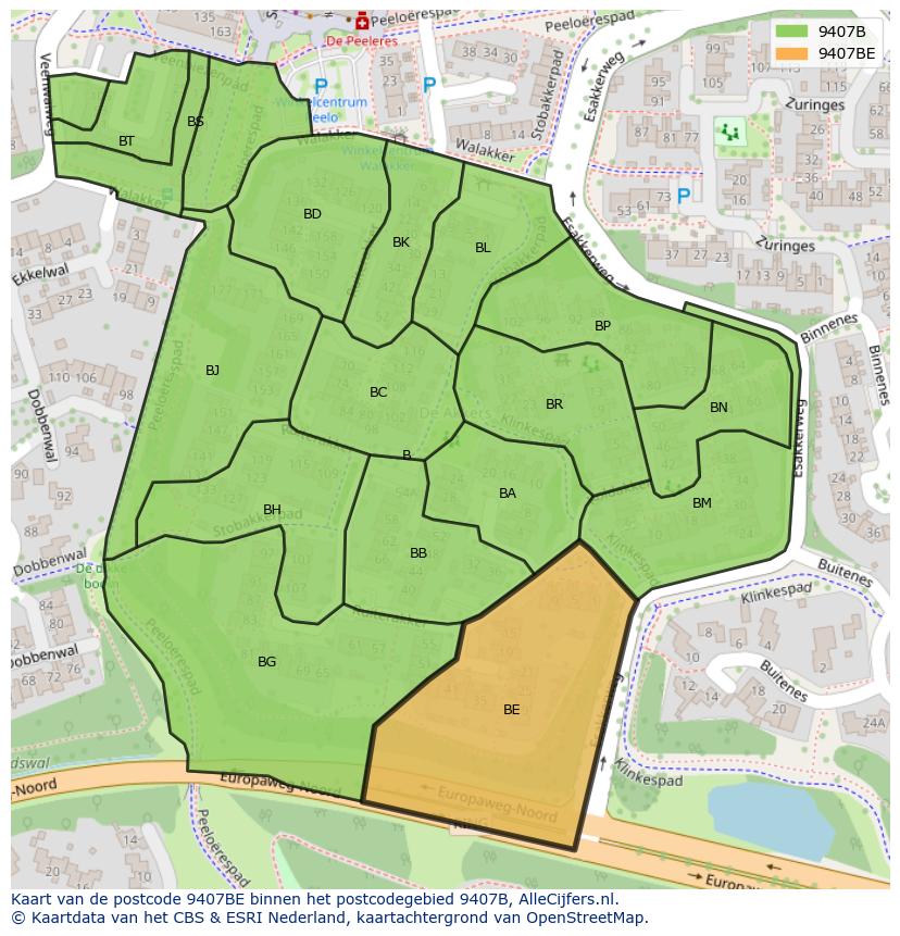 Afbeelding van het postcodegebied 9407 BE op de kaart.