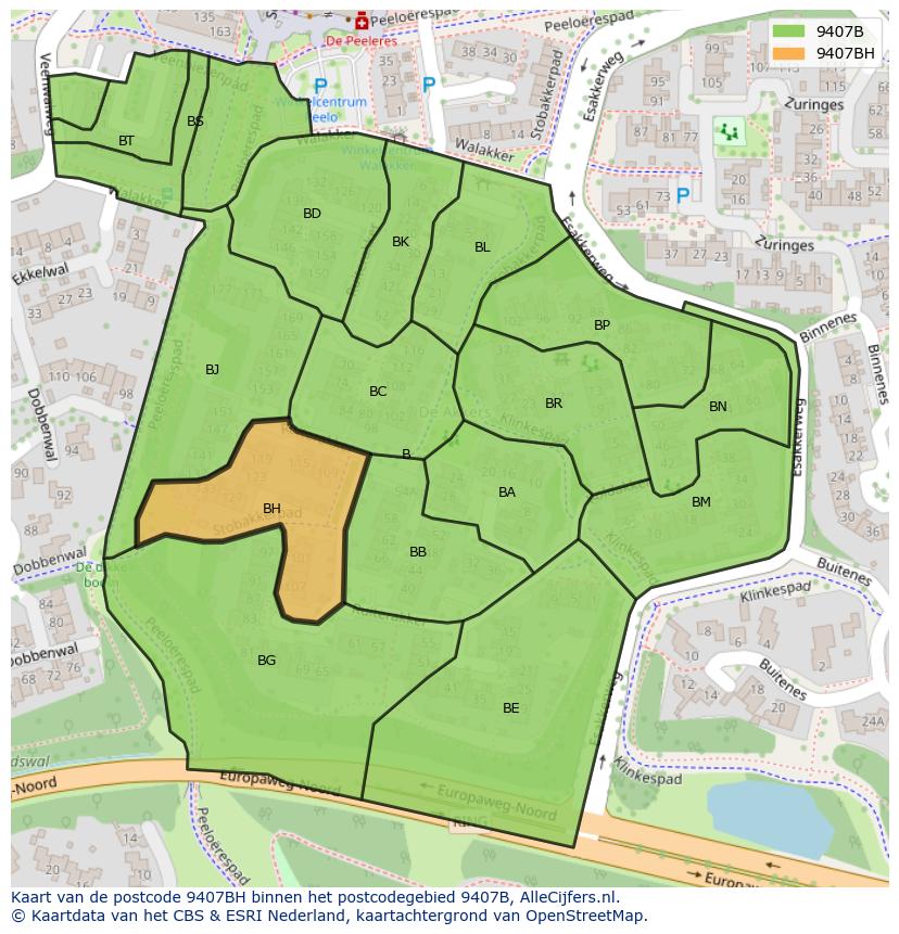 Afbeelding van het postcodegebied 9407 BH op de kaart.