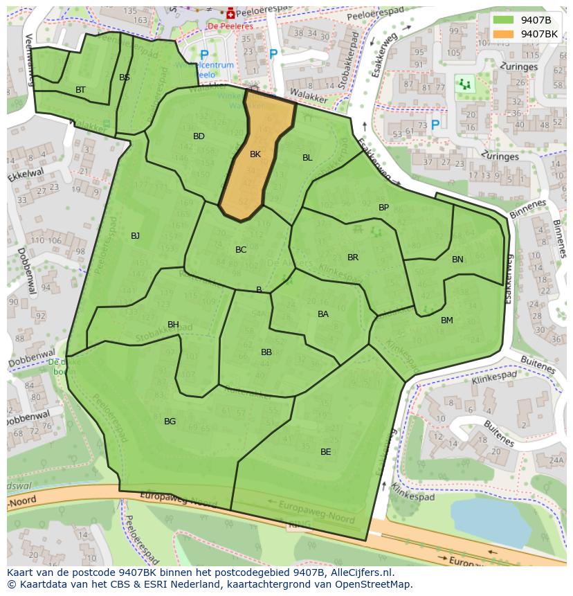 Afbeelding van het postcodegebied 9407 BK op de kaart.