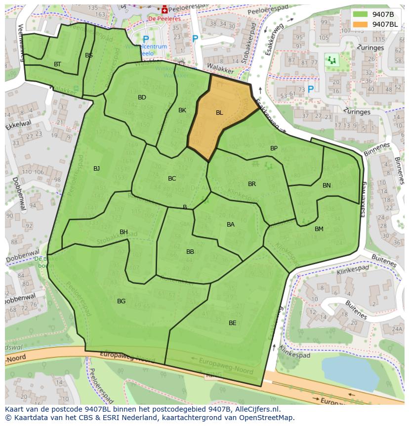 Afbeelding van het postcodegebied 9407 BL op de kaart.
