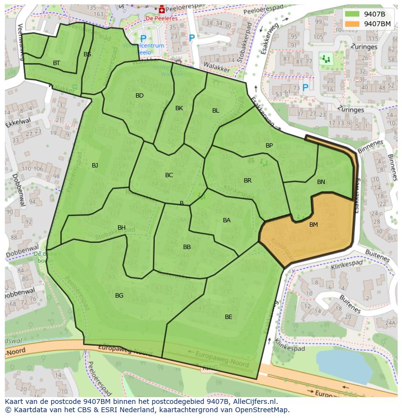 Afbeelding van het postcodegebied 9407 BM op de kaart.