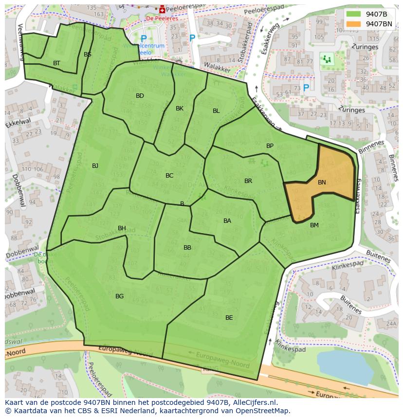 Afbeelding van het postcodegebied 9407 BN op de kaart.