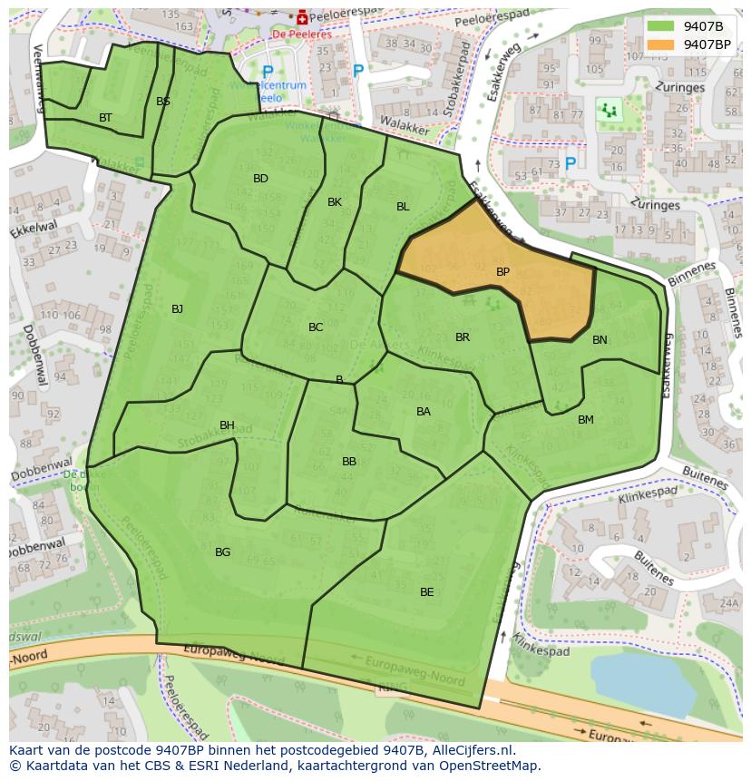 Afbeelding van het postcodegebied 9407 BP op de kaart.