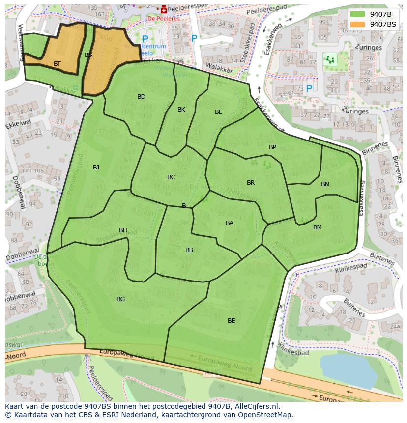 Afbeelding van het postcodegebied 9407 BS op de kaart.