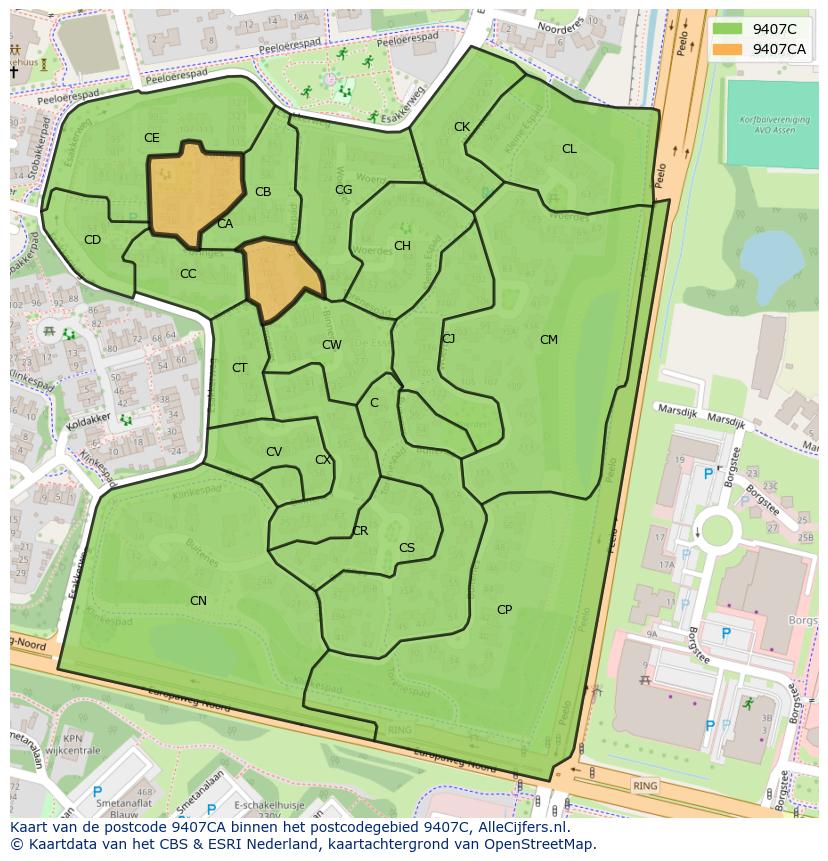 Afbeelding van het postcodegebied 9407 CA op de kaart.