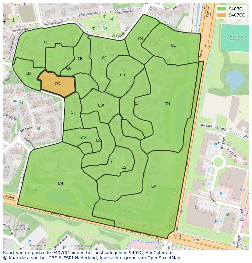 Afbeelding van het postcodegebied 9407 CC op de kaart.