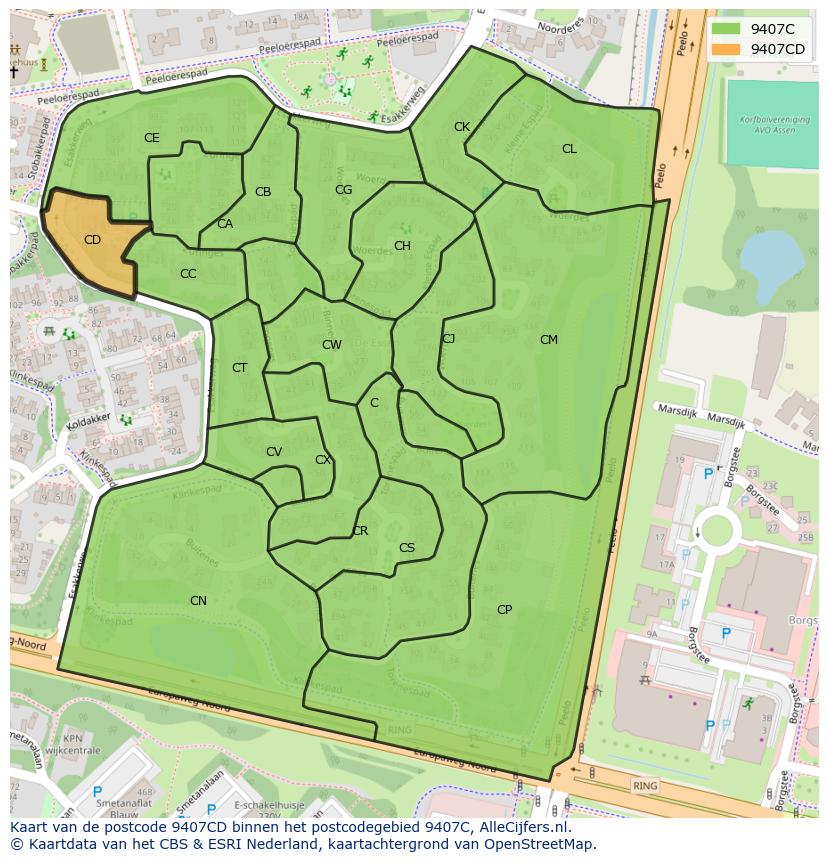 Afbeelding van het postcodegebied 9407 CD op de kaart.