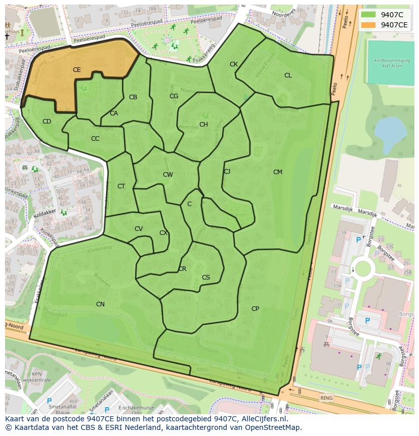 Afbeelding van het postcodegebied 9407 CE op de kaart.