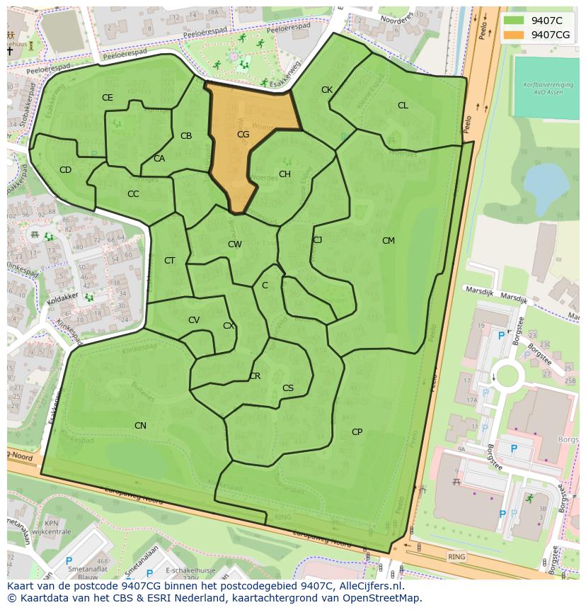 Afbeelding van het postcodegebied 9407 CG op de kaart.