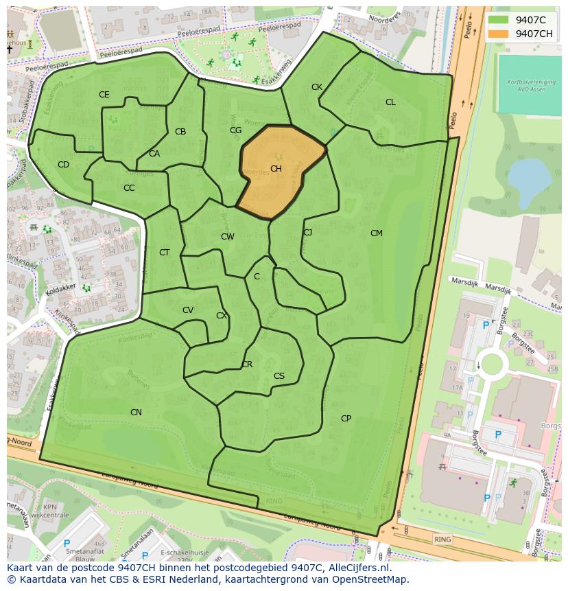 Afbeelding van het postcodegebied 9407 CH op de kaart.