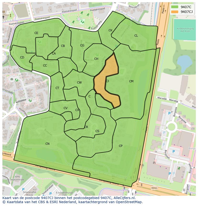 Afbeelding van het postcodegebied 9407 CJ op de kaart.