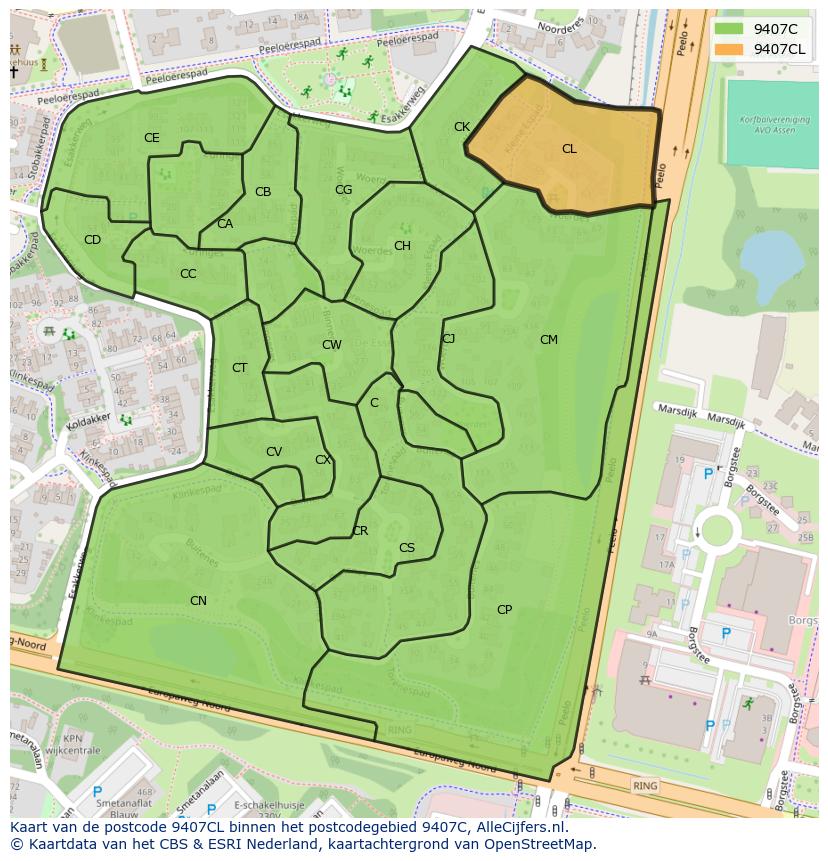 Afbeelding van het postcodegebied 9407 CL op de kaart.