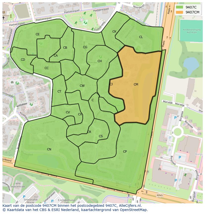 Afbeelding van het postcodegebied 9407 CM op de kaart.
