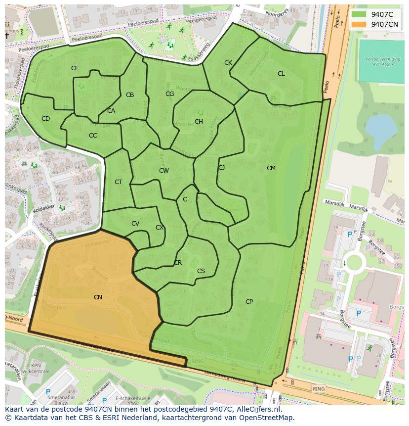 Afbeelding van het postcodegebied 9407 CN op de kaart.