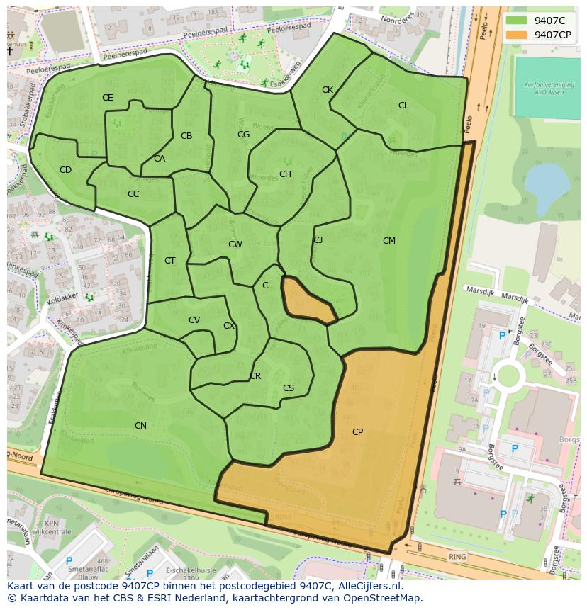Afbeelding van het postcodegebied 9407 CP op de kaart.