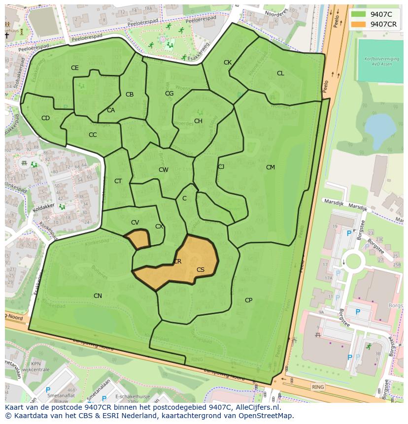 Afbeelding van het postcodegebied 9407 CR op de kaart.