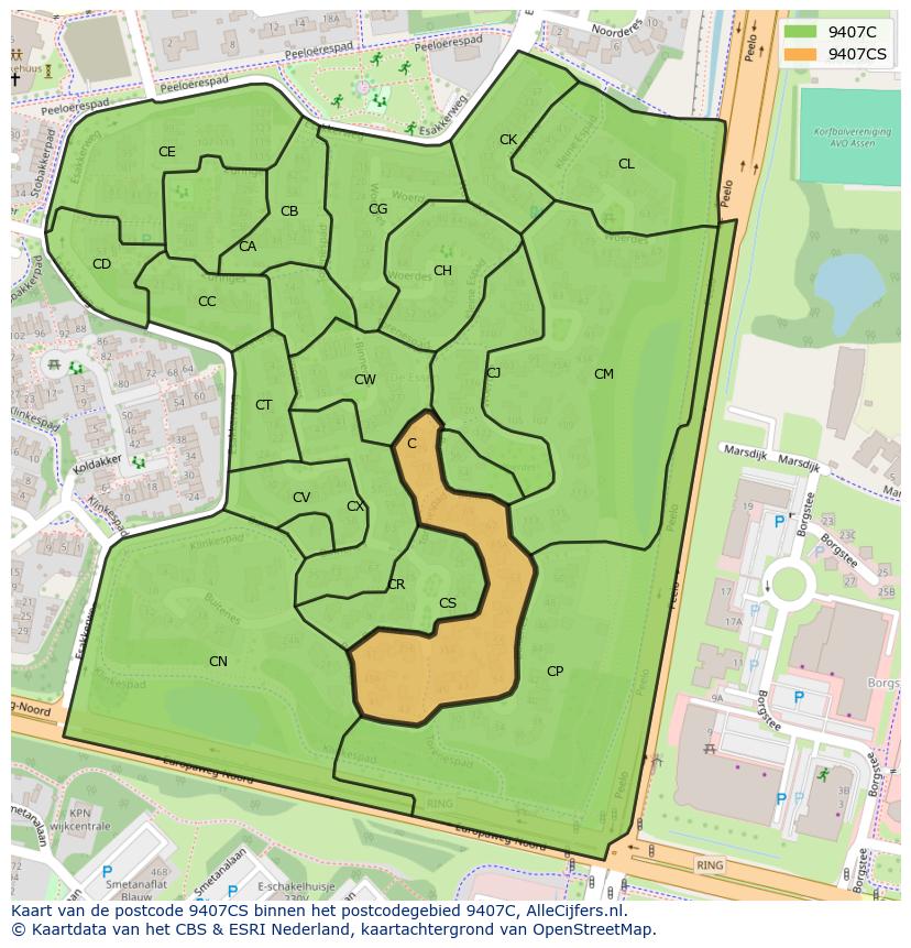 Afbeelding van het postcodegebied 9407 CS op de kaart.