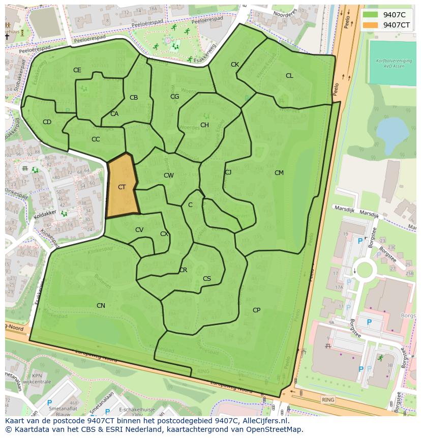 Afbeelding van het postcodegebied 9407 CT op de kaart.