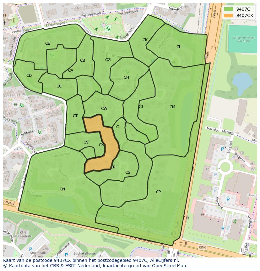 Afbeelding van het postcodegebied 9407 CX op de kaart.