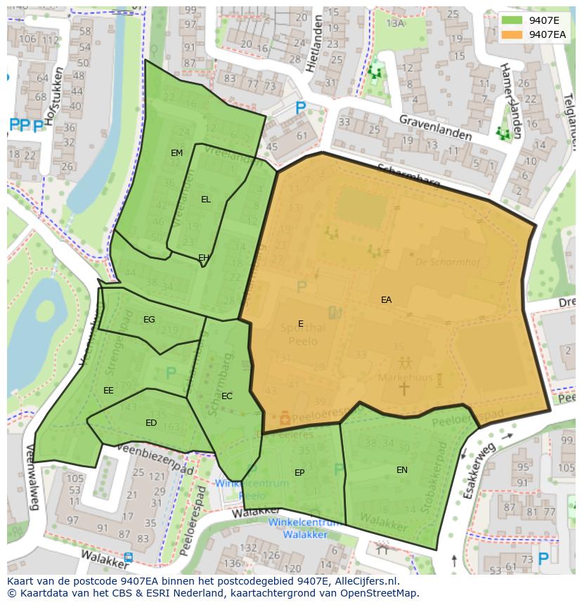 Afbeelding van het postcodegebied 9407 EA op de kaart.