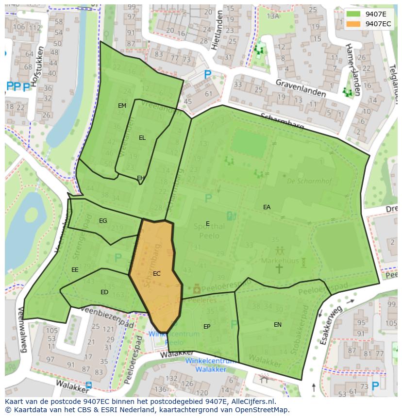 Afbeelding van het postcodegebied 9407 EC op de kaart.