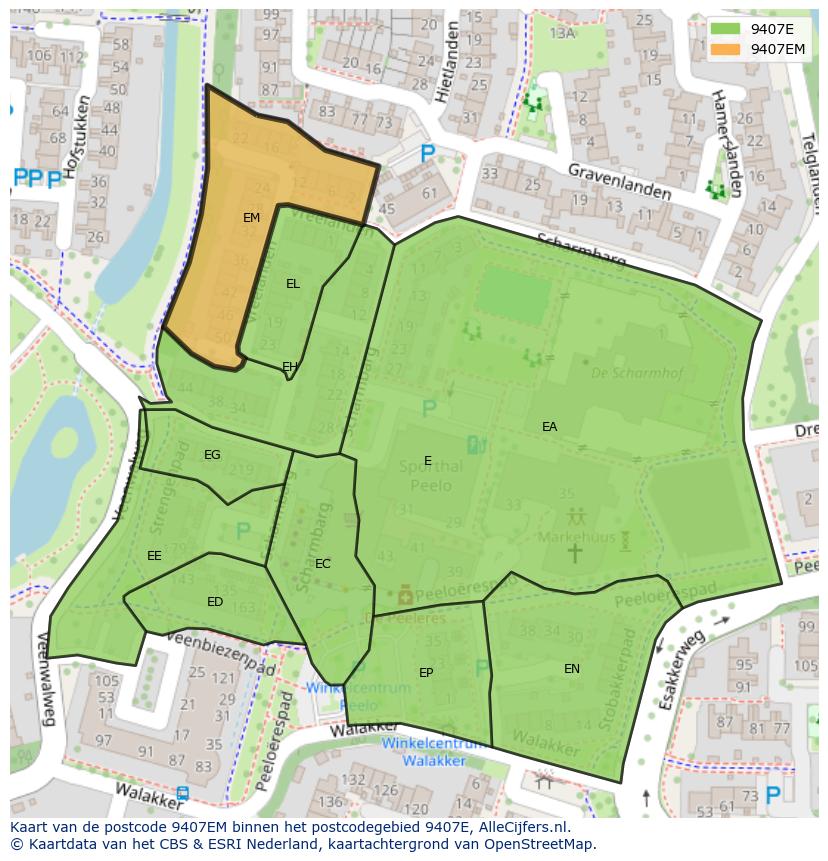 Afbeelding van het postcodegebied 9407 EM op de kaart.