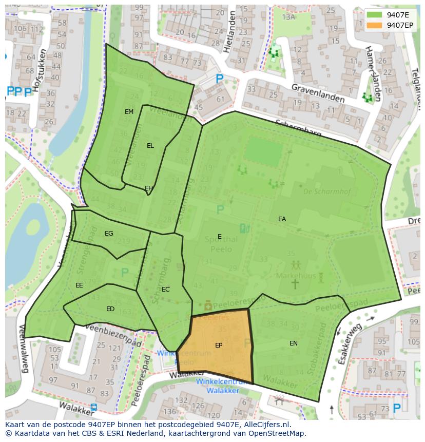 Afbeelding van het postcodegebied 9407 EP op de kaart.
