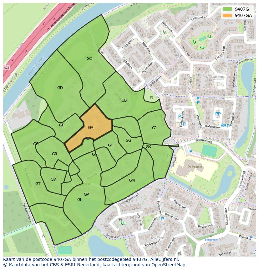 Afbeelding van het postcodegebied 9407 GA op de kaart.