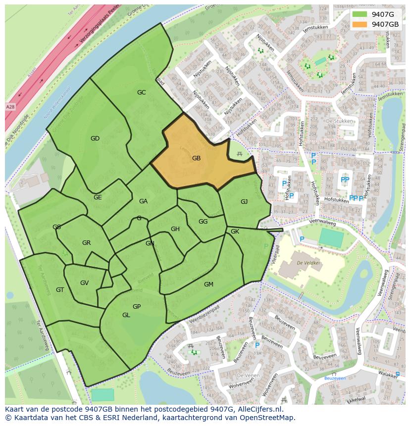 Afbeelding van het postcodegebied 9407 GB op de kaart.