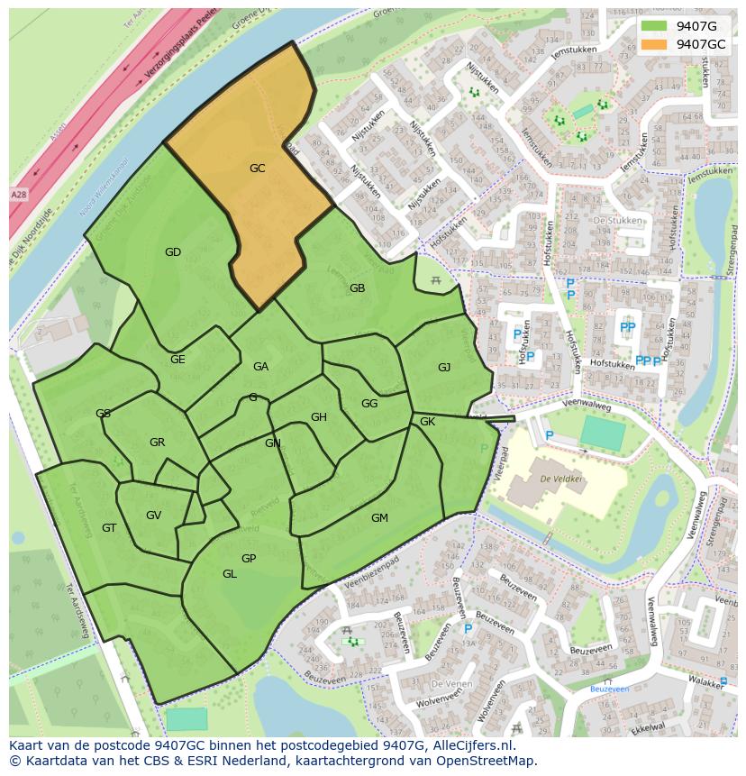 Afbeelding van het postcodegebied 9407 GC op de kaart.