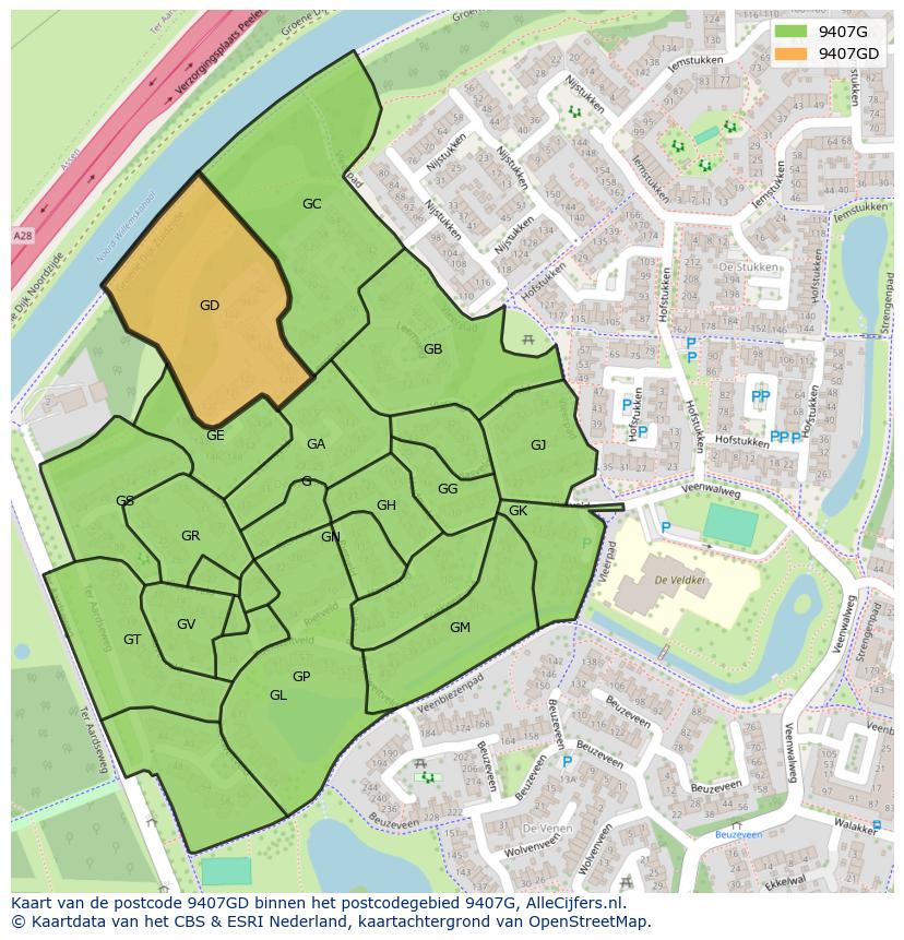 Afbeelding van het postcodegebied 9407 GD op de kaart.