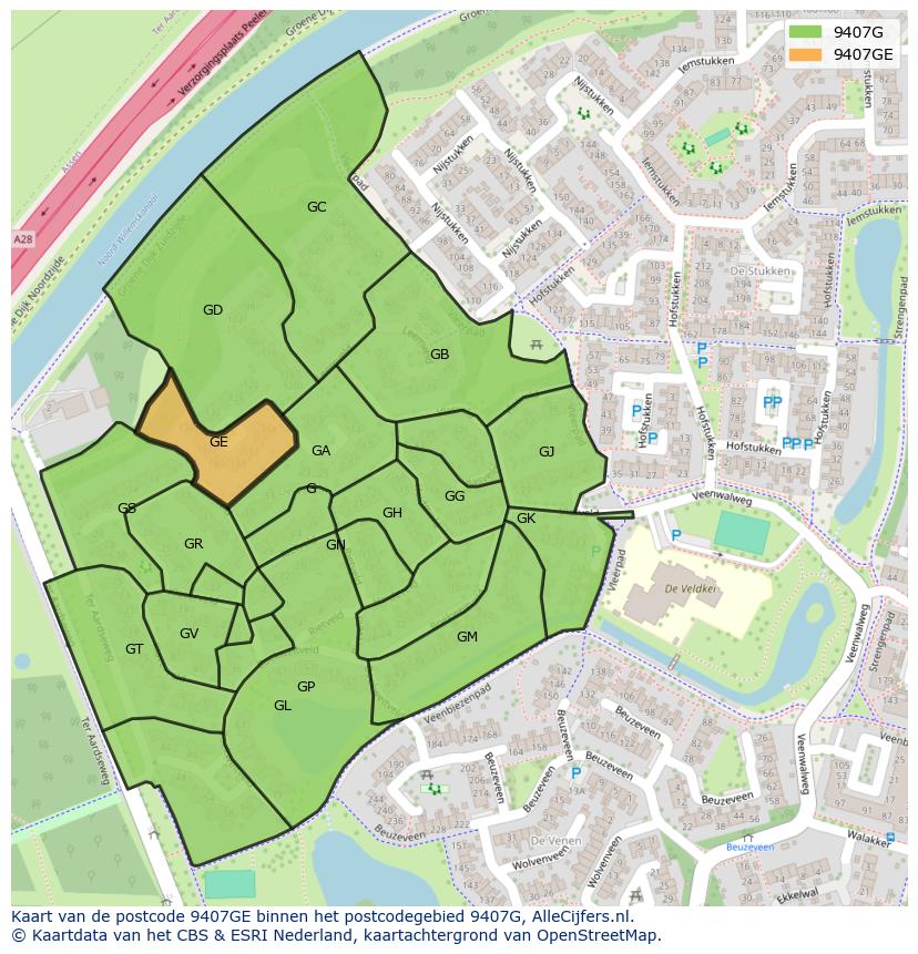 Afbeelding van het postcodegebied 9407 GE op de kaart.