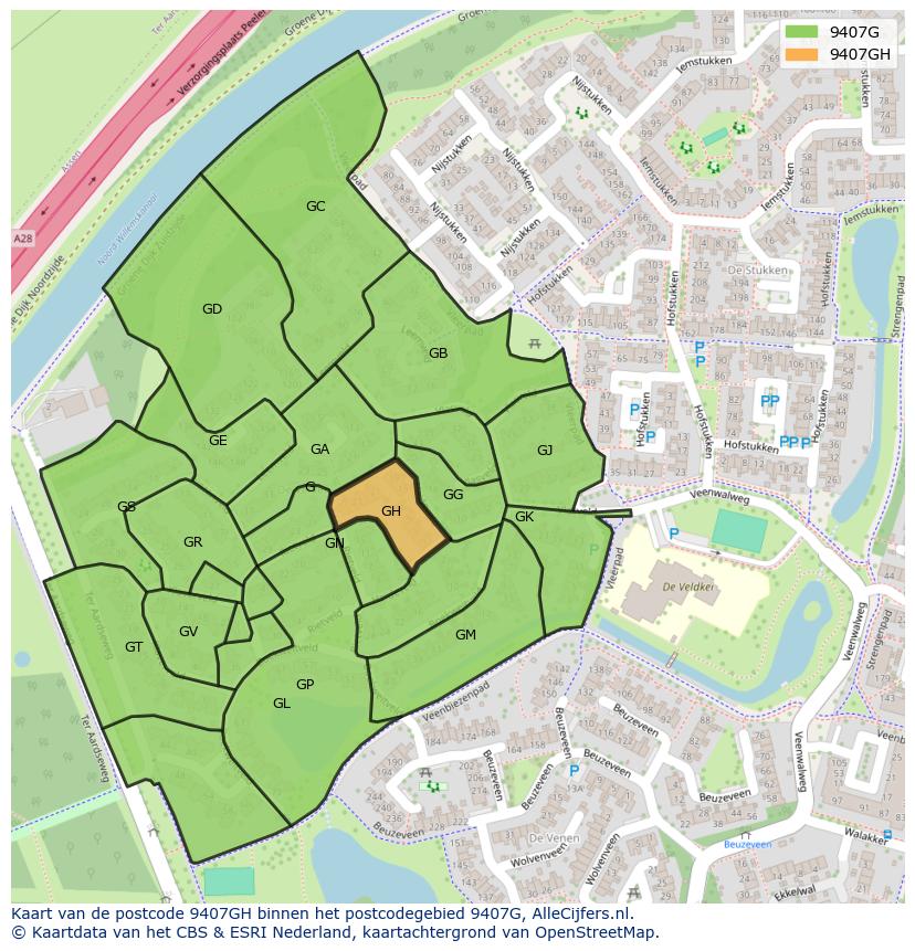 Afbeelding van het postcodegebied 9407 GH op de kaart.