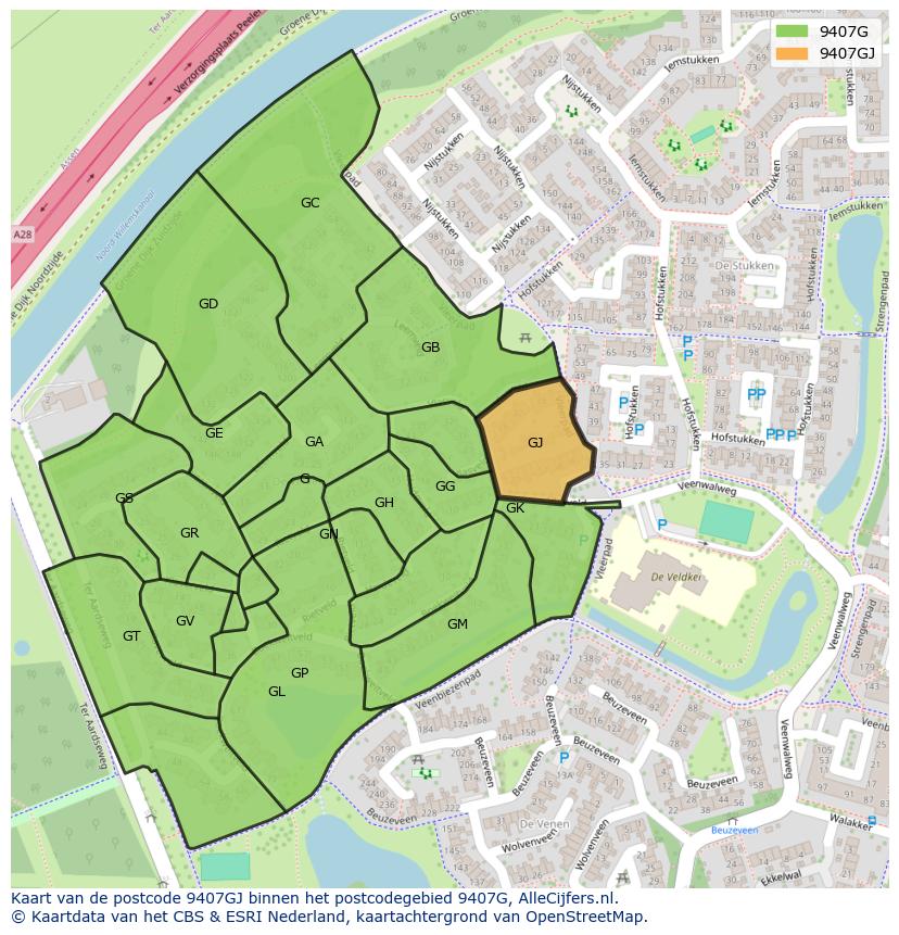 Afbeelding van het postcodegebied 9407 GJ op de kaart.