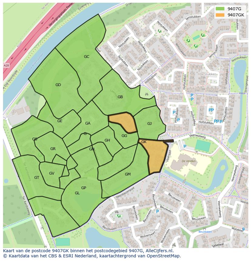 Afbeelding van het postcodegebied 9407 GK op de kaart.