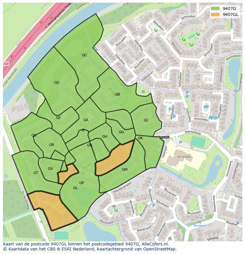 Afbeelding van het postcodegebied 9407 GL op de kaart.
