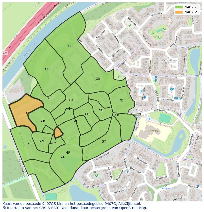 Afbeelding van het postcodegebied 9407 GS op de kaart.