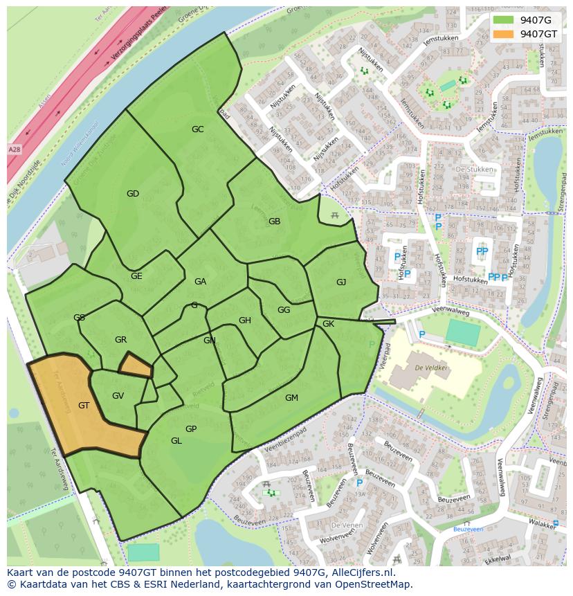 Afbeelding van het postcodegebied 9407 GT op de kaart.