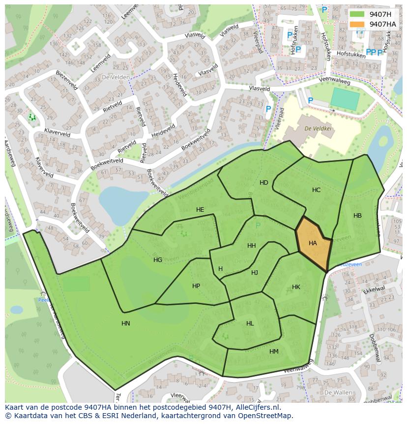 Afbeelding van het postcodegebied 9407 HA op de kaart.