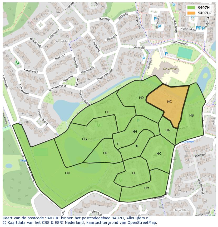 Afbeelding van het postcodegebied 9407 HC op de kaart.