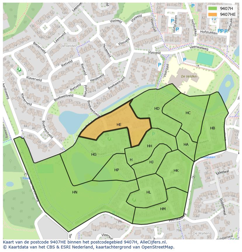 Afbeelding van het postcodegebied 9407 HE op de kaart.