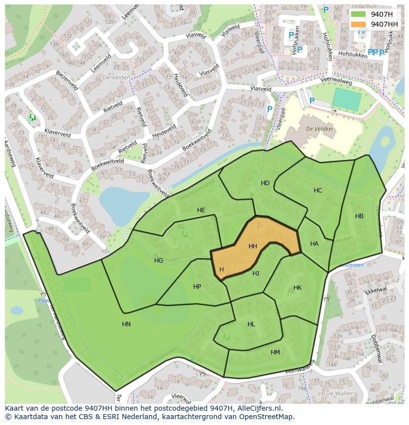 Afbeelding van het postcodegebied 9407 HH op de kaart.
