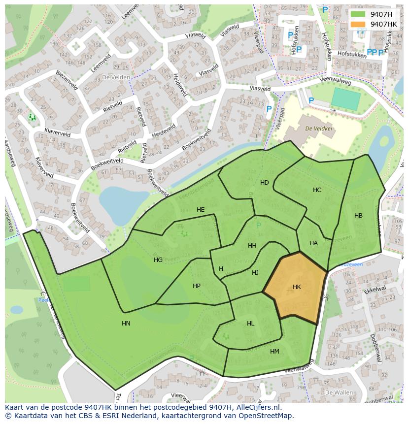 Afbeelding van het postcodegebied 9407 HK op de kaart.