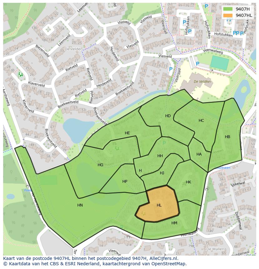 Afbeelding van het postcodegebied 9407 HL op de kaart.