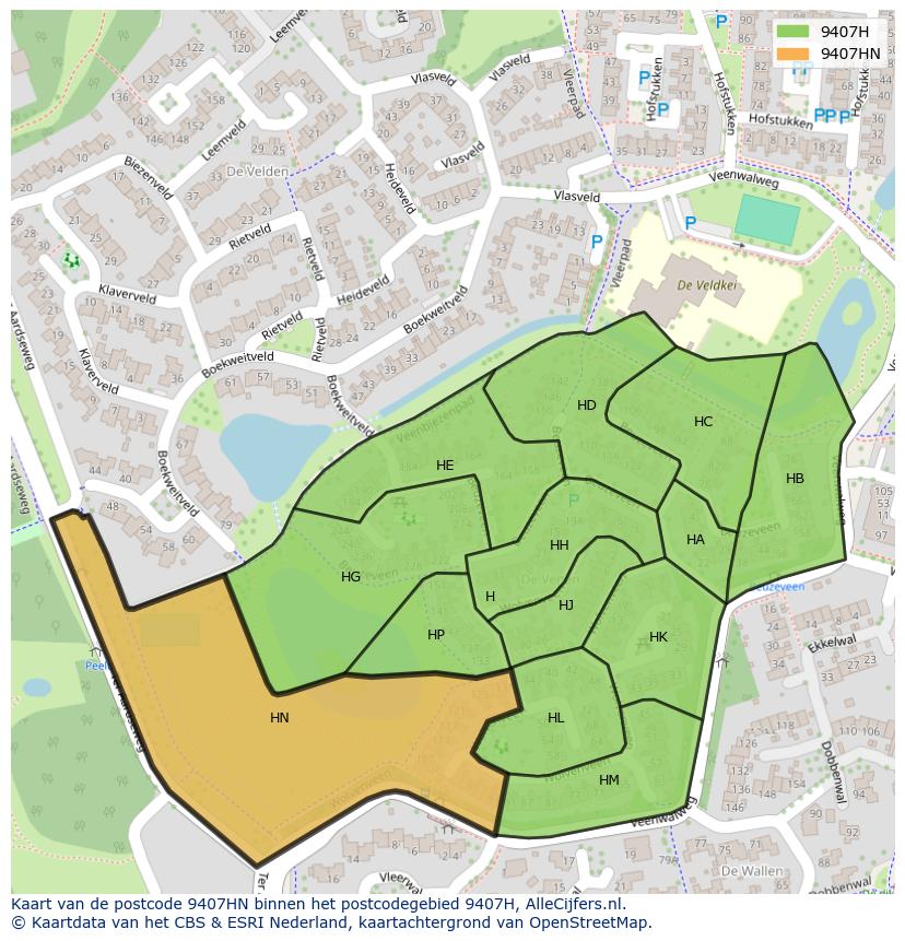 Afbeelding van het postcodegebied 9407 HN op de kaart.