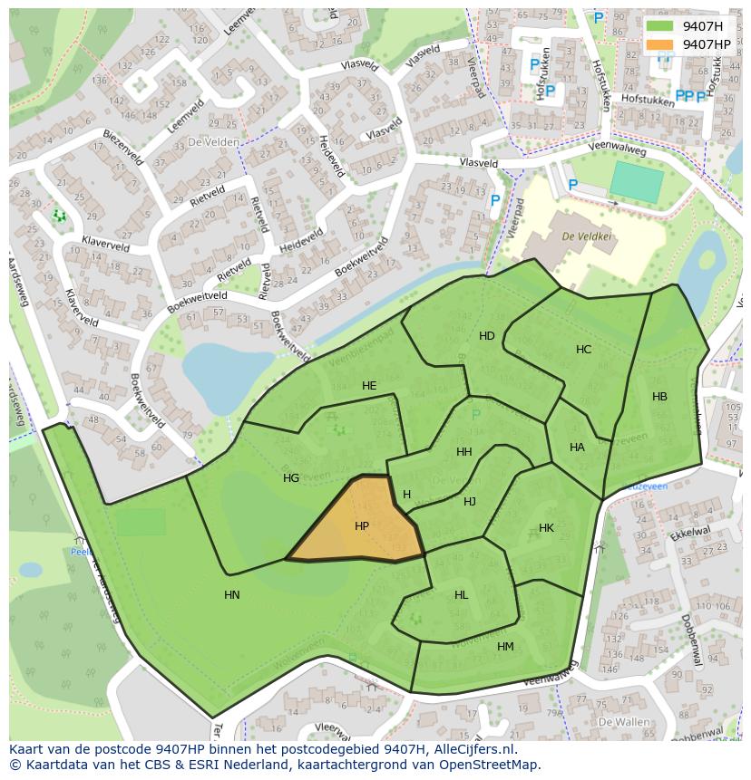 Afbeelding van het postcodegebied 9407 HP op de kaart.