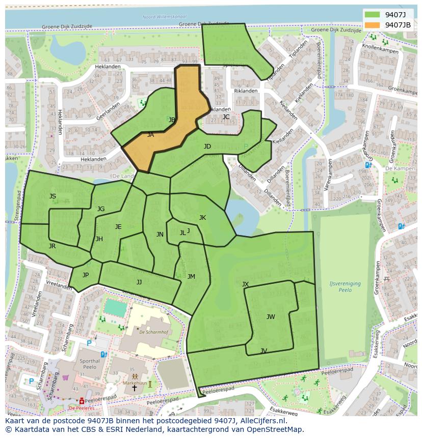 Afbeelding van het postcodegebied 9407 JB op de kaart.