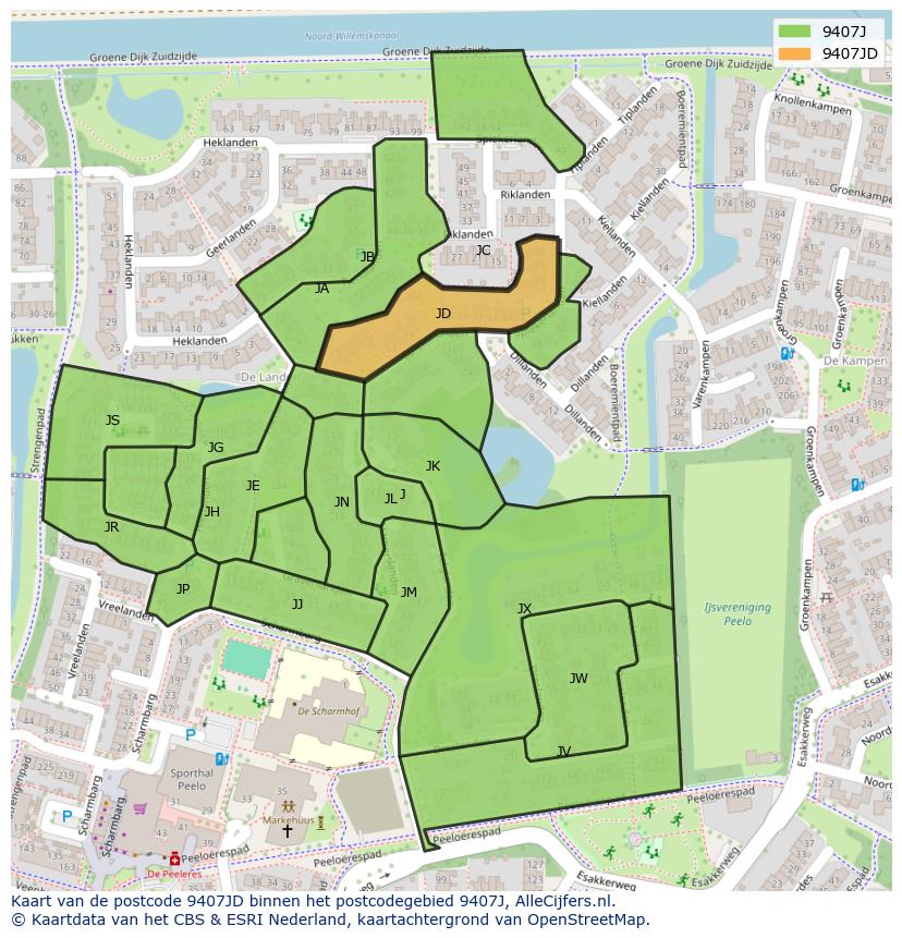 Afbeelding van het postcodegebied 9407 JD op de kaart.