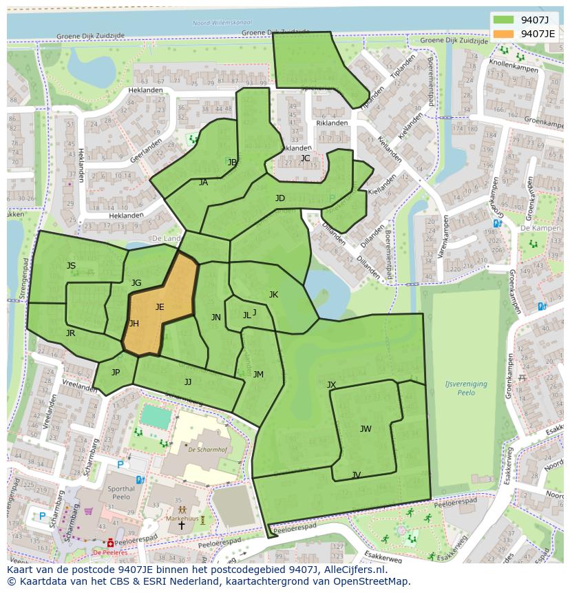 Afbeelding van het postcodegebied 9407 JE op de kaart.